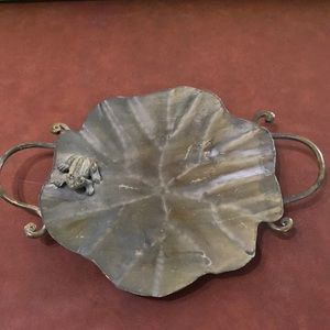 Decorative metal frog on lily pad tray/dish